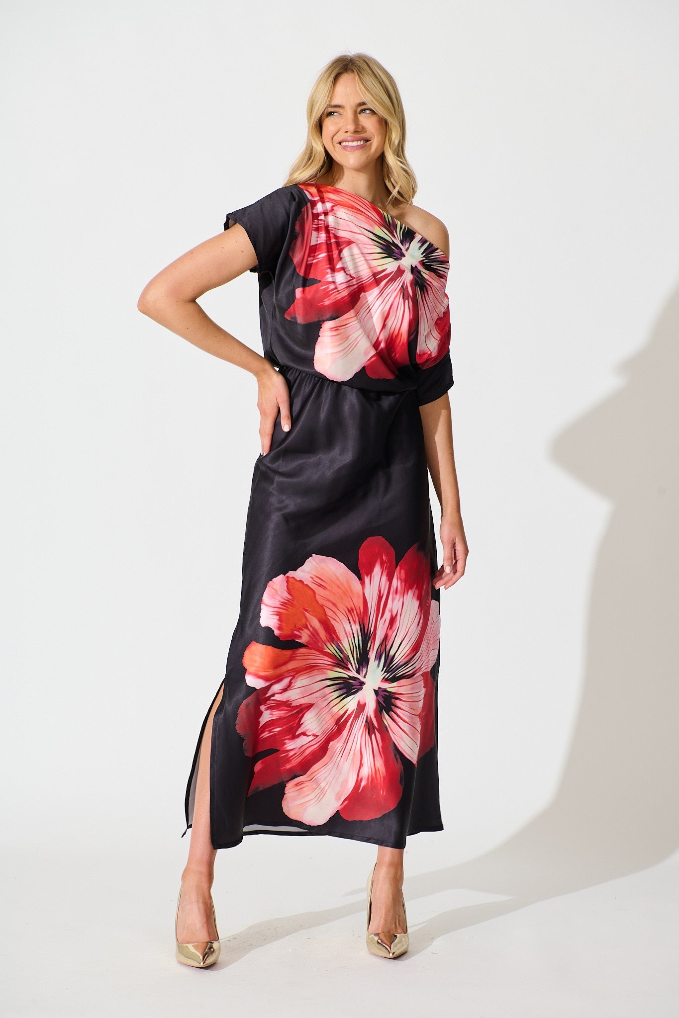 Sarita Maxi Off Shoulder Dress in Black and Red Flower Satin
