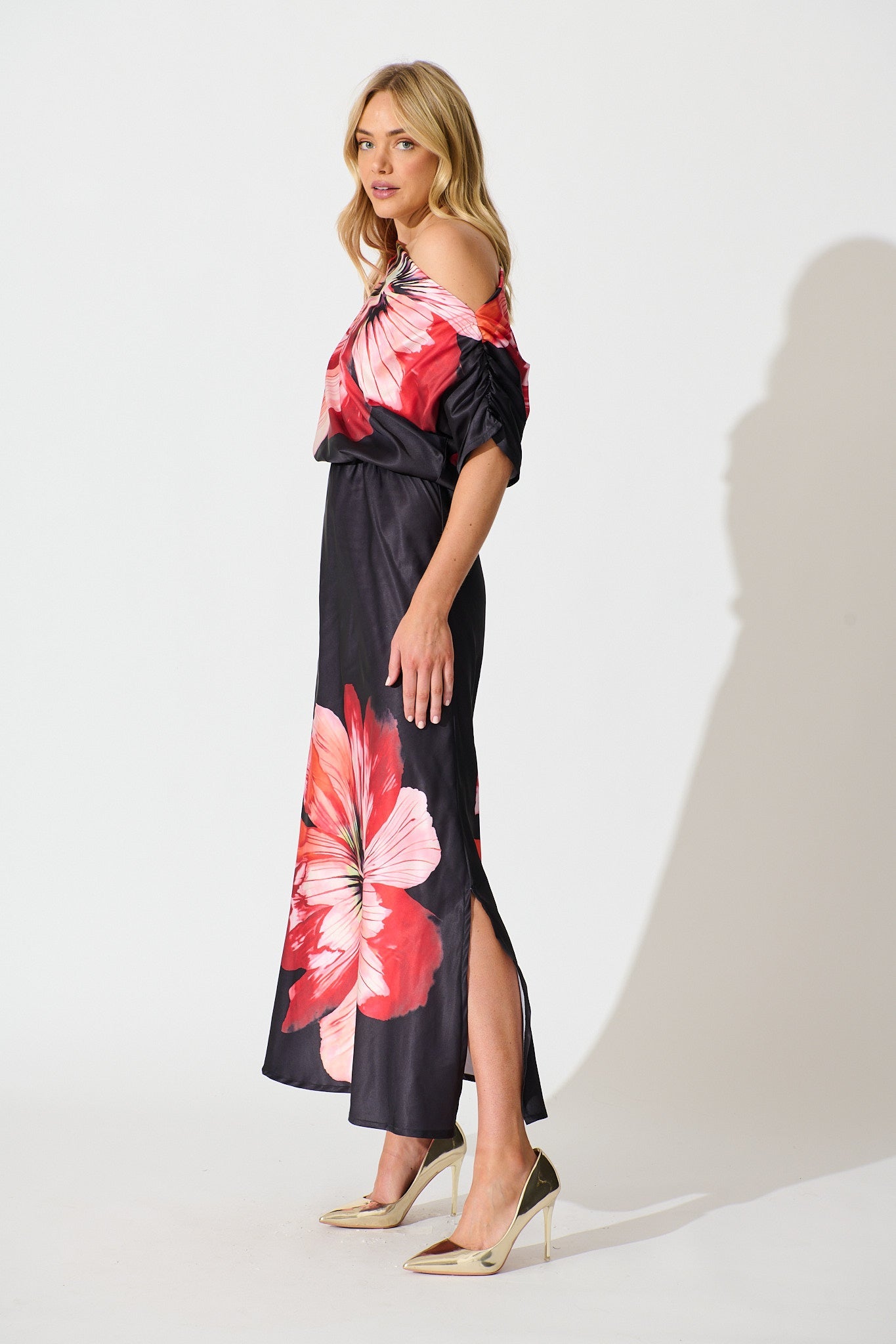 Sarita Maxi Off Shoulder Dress in Black and Red Flower Satin
