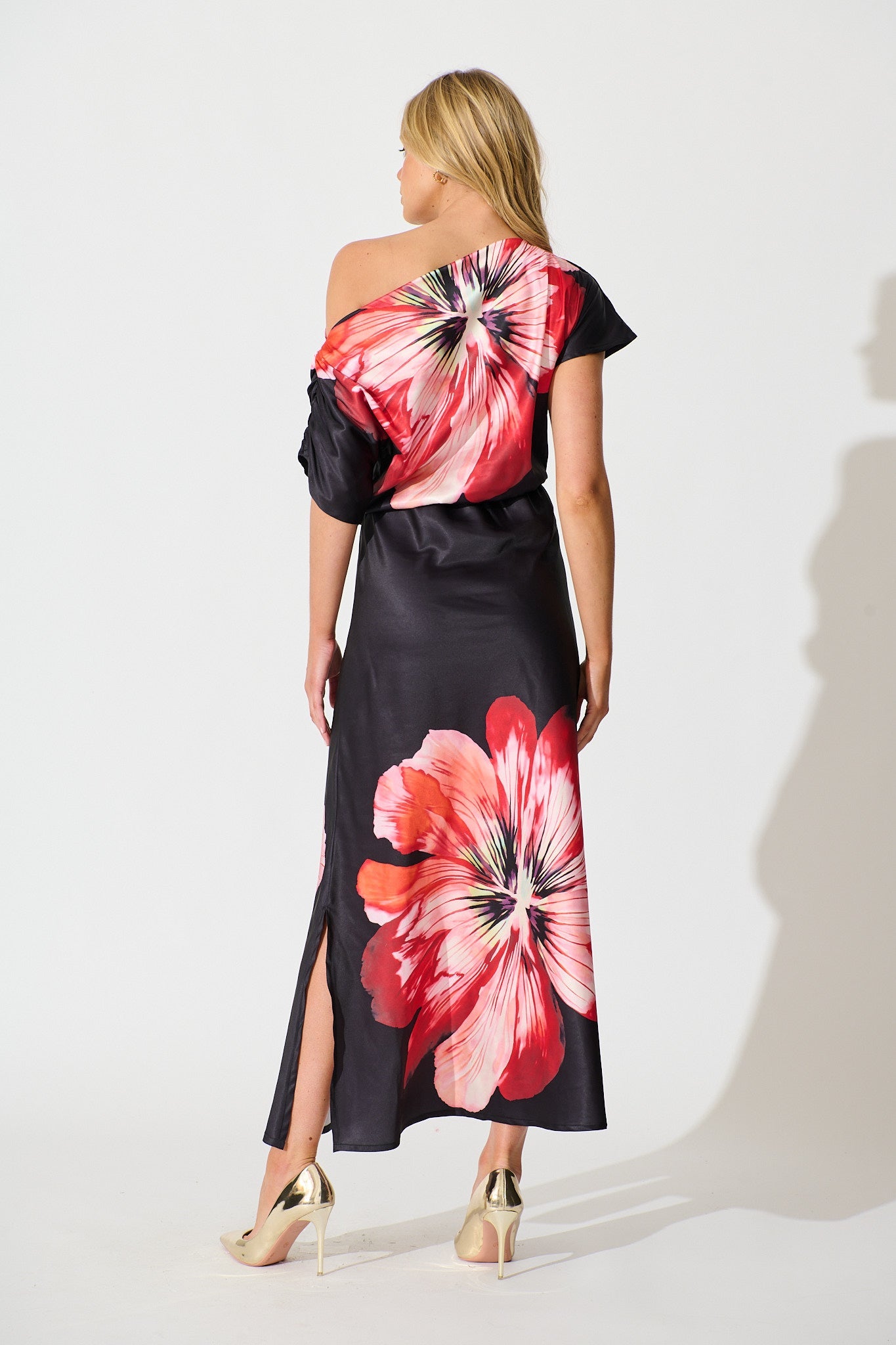 Sarita Maxi Off Shoulder Dress in Black and Red Flower Satin