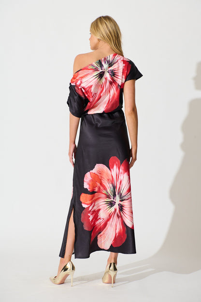 Sarita Maxi Off Shoulder Dress in Black and Red Flower Satin