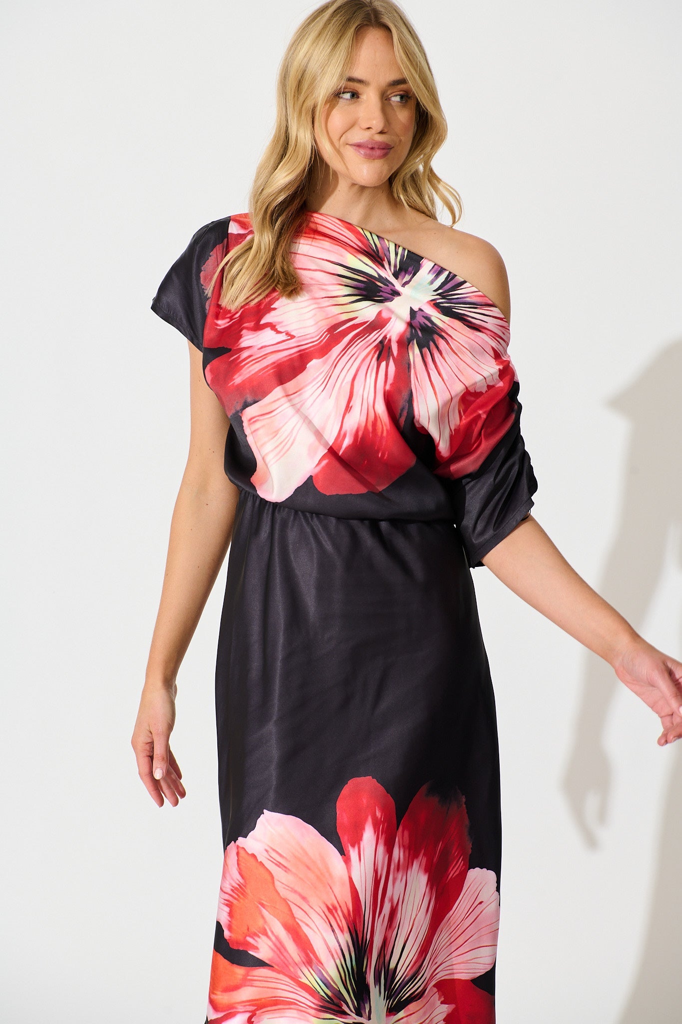 Sarita Maxi Off Shoulder Dress in Black and Red Flower Satin