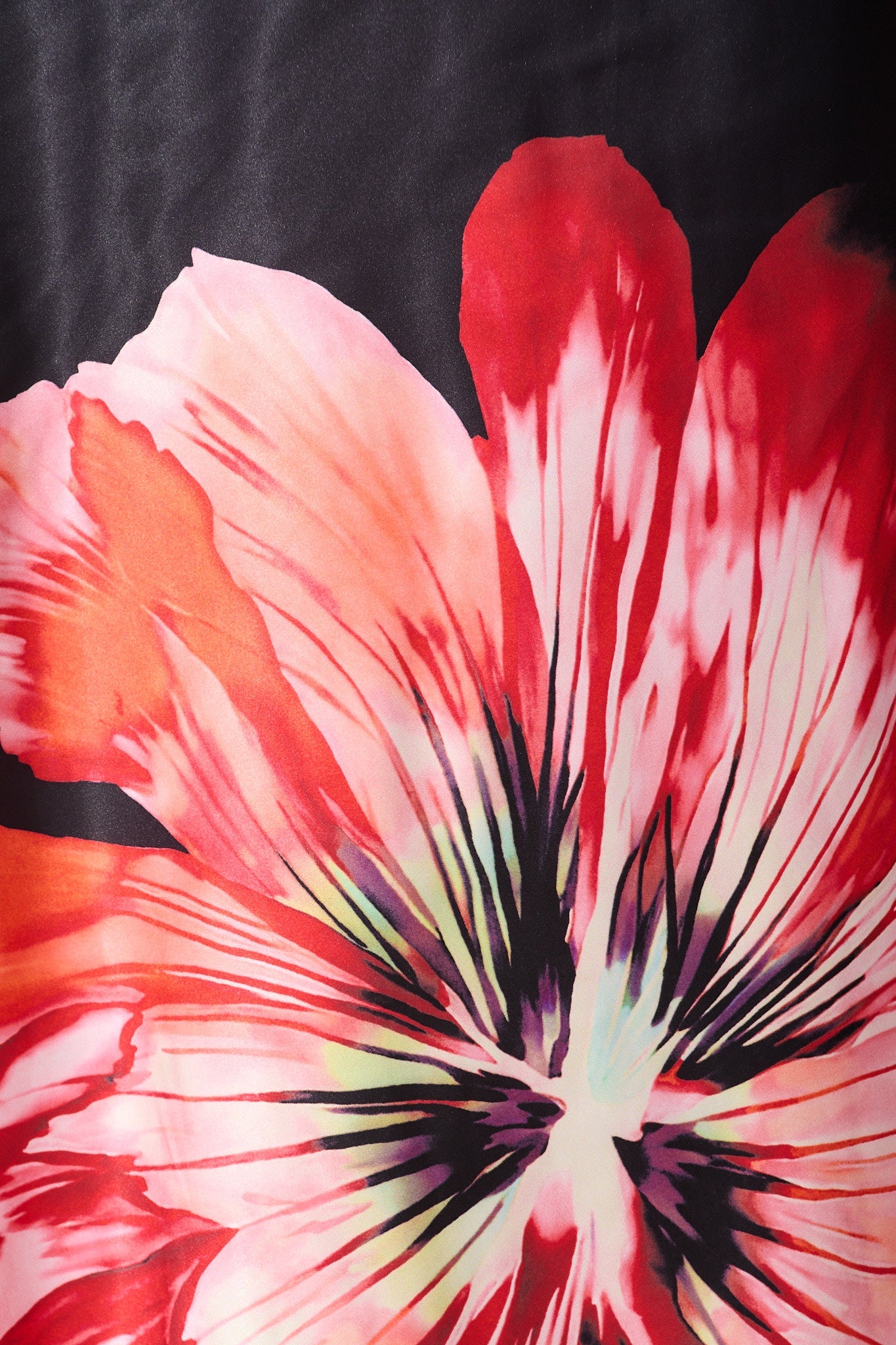 Sarita Maxi Off Shoulder Dress in Black and Red Flower Satin