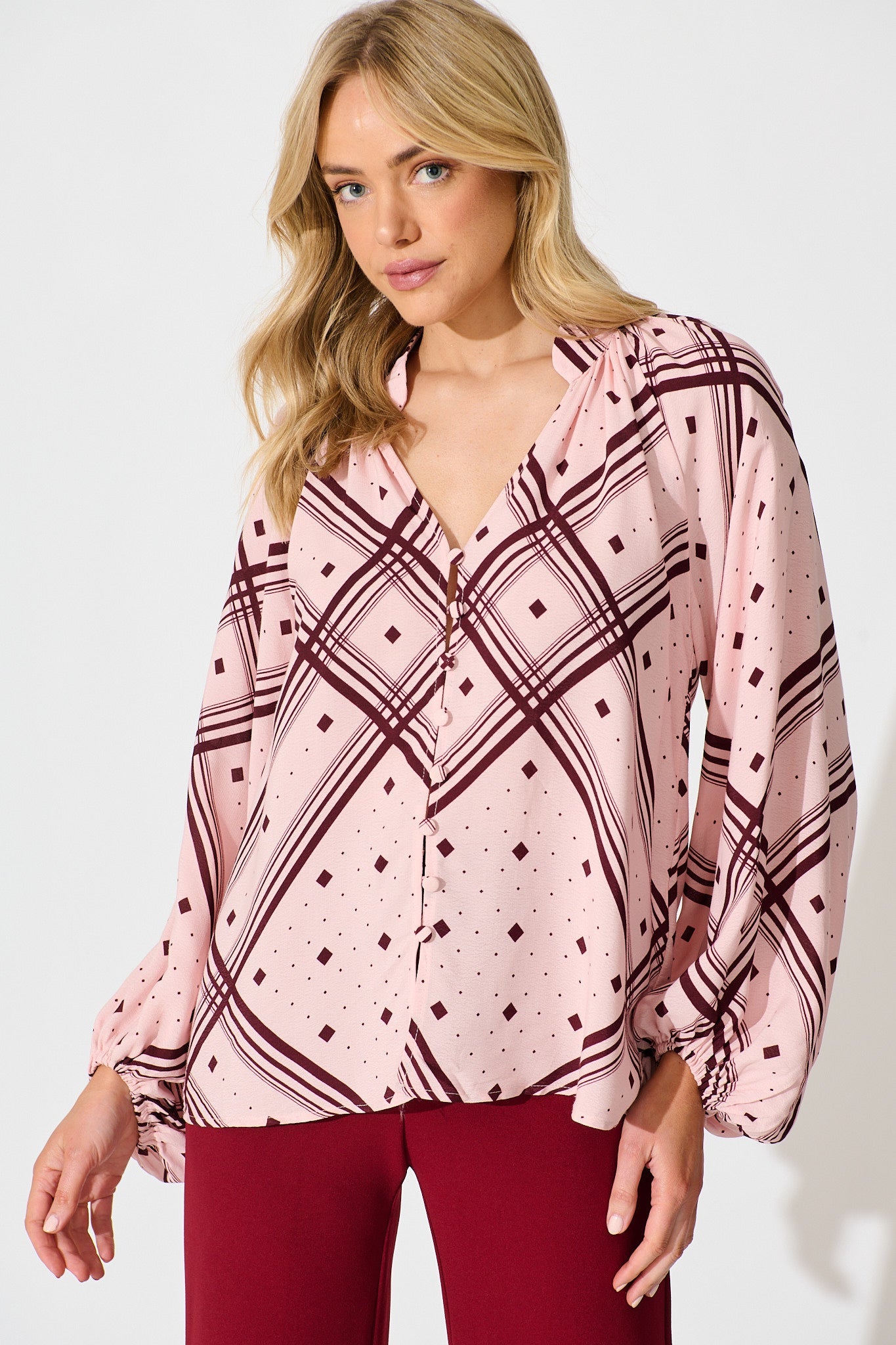 Marcella Top in Pink with Wine Print