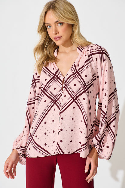 Marcella Top in Pink with Wine Print