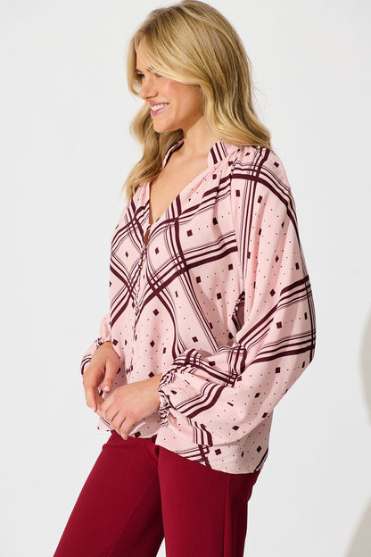 Marcella Top in Pink with Wine Print