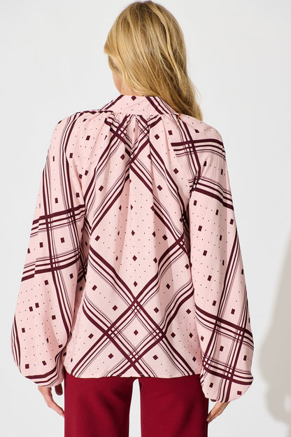 Marcella Top in Pink with Wine Print