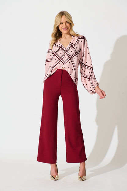 Marcella Top in Pink with Wine Print