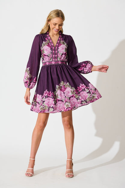 Clarion Dress in Plum Border Floral Linen Blend