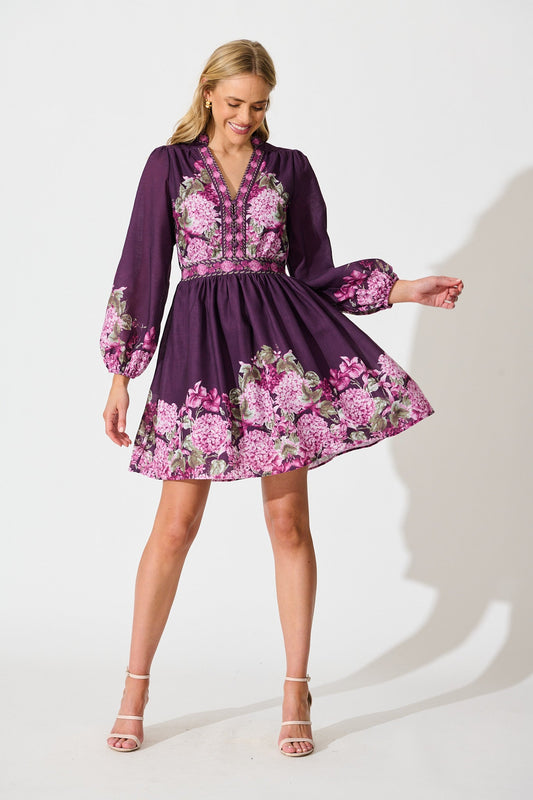 Clarion Dress in Plum Border Floral Linen Blend