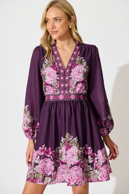 Clarion Dress in Plum Border Floral Linen Blend