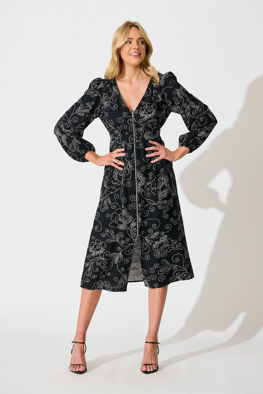 Senorita Midi Zip Dress in Black with White Print
