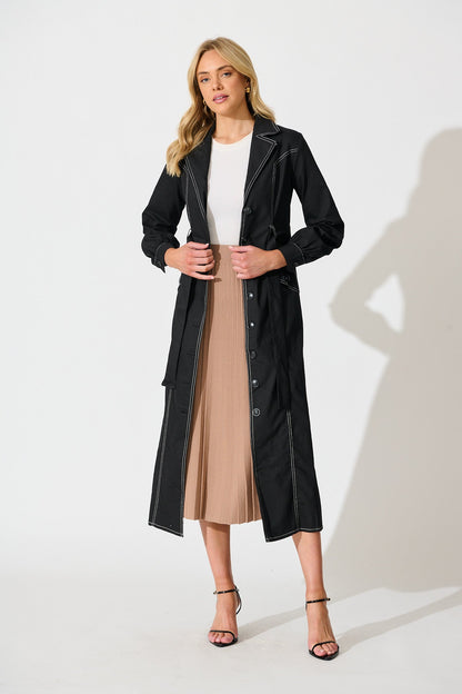 Jules Coat in Black with Contrast Stitch Cotton Blend