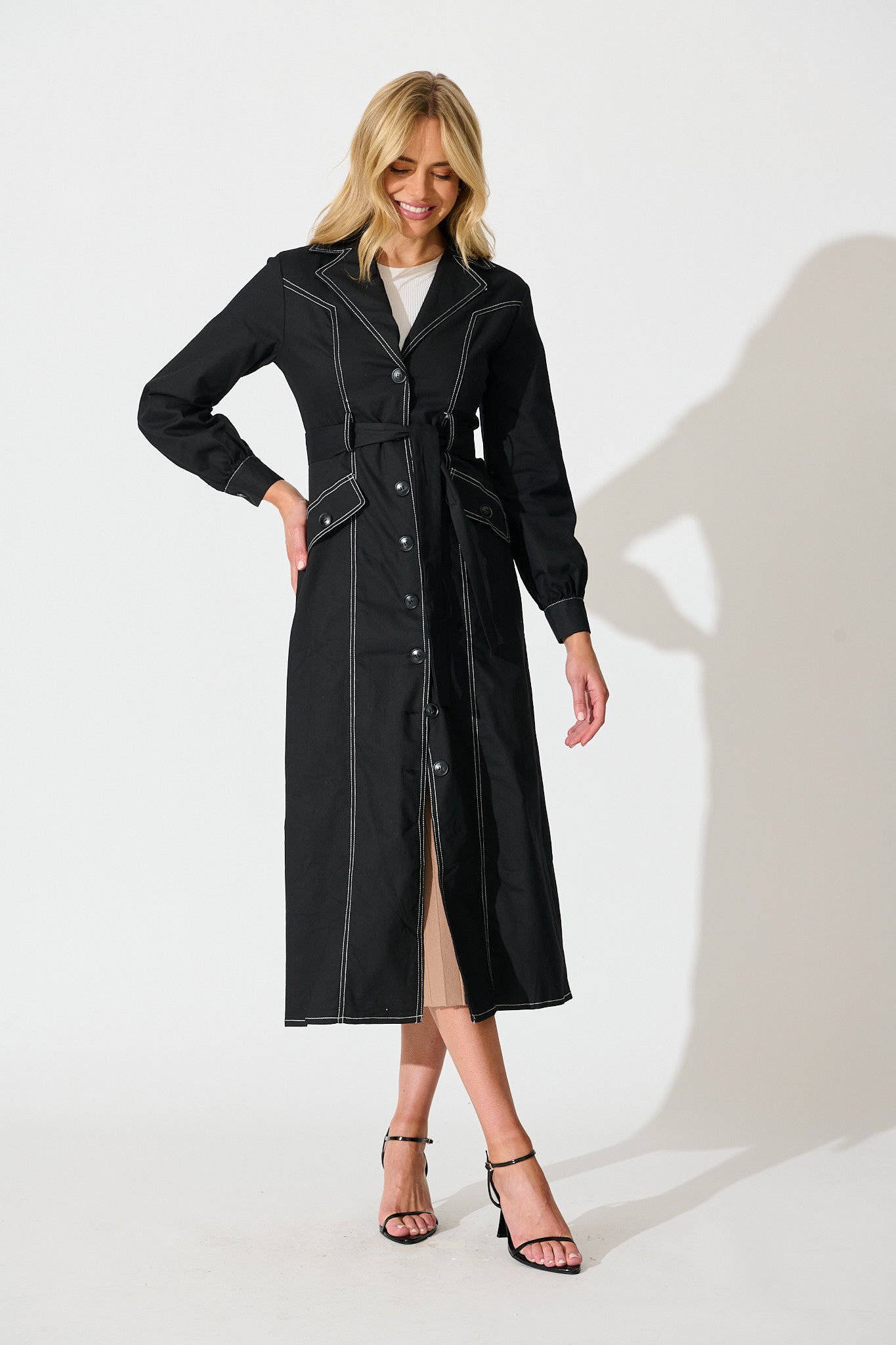 Jules Coat in Black with Contrast Stitch Cotton Blend