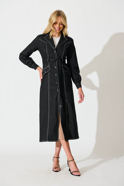 Jules Coat in Black with Contrast Stitch Cotton Blend