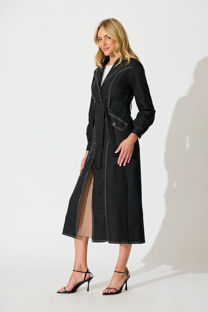 Jules Coat in Black with Contrast Stitch Cotton Blend