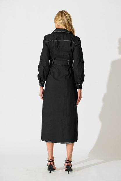 Jules Coat in Black with Contrast Stitch Cotton Blend