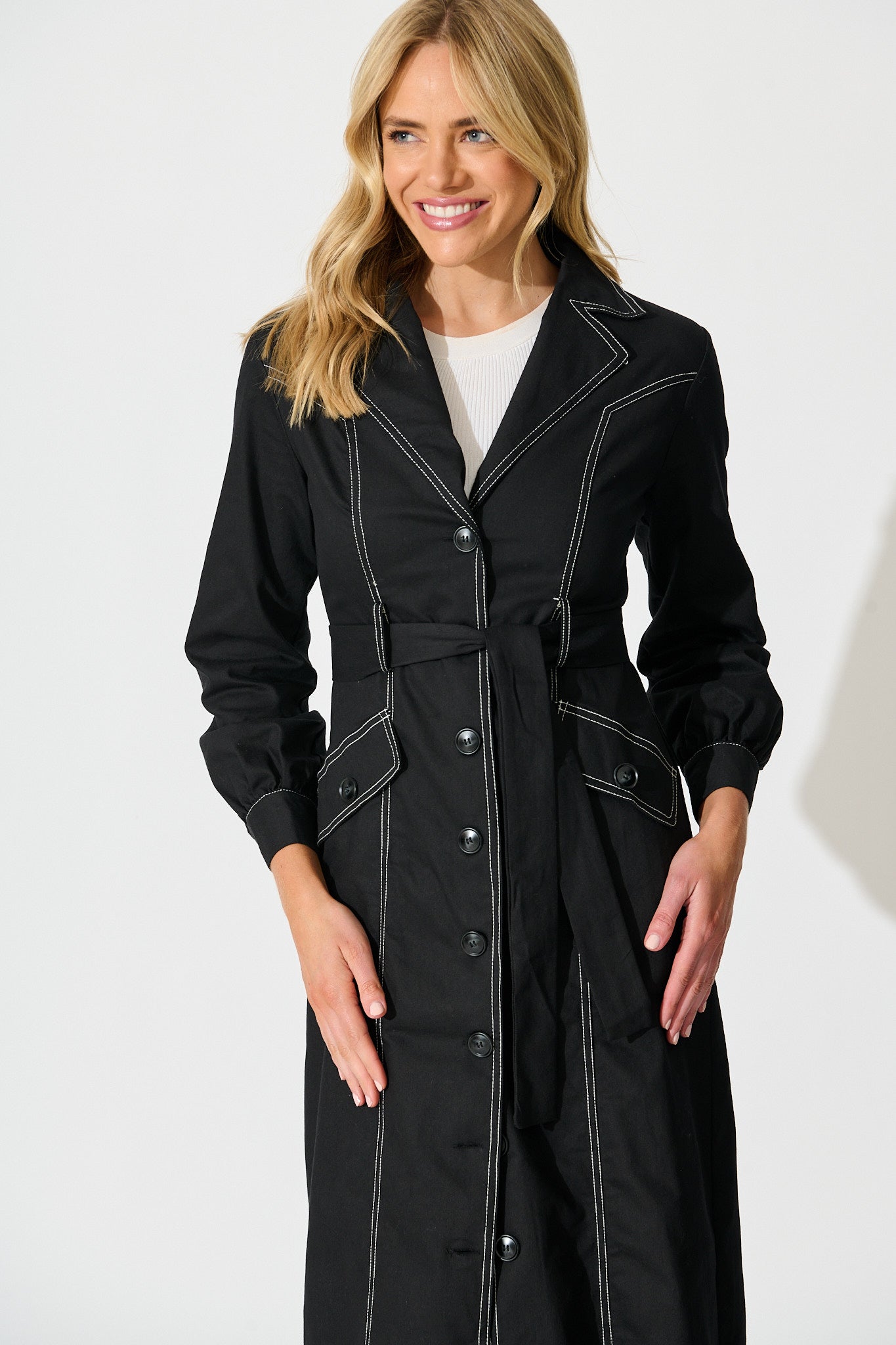 Jules Coat in Black with Contrast Stitch Cotton Blend