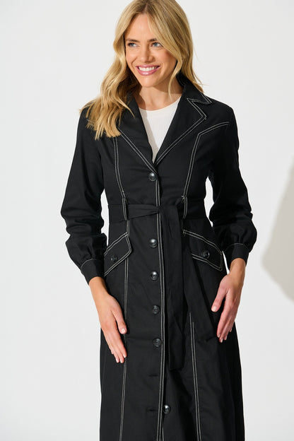 Jules Coat in Black with Contrast Stitch Cotton Blend