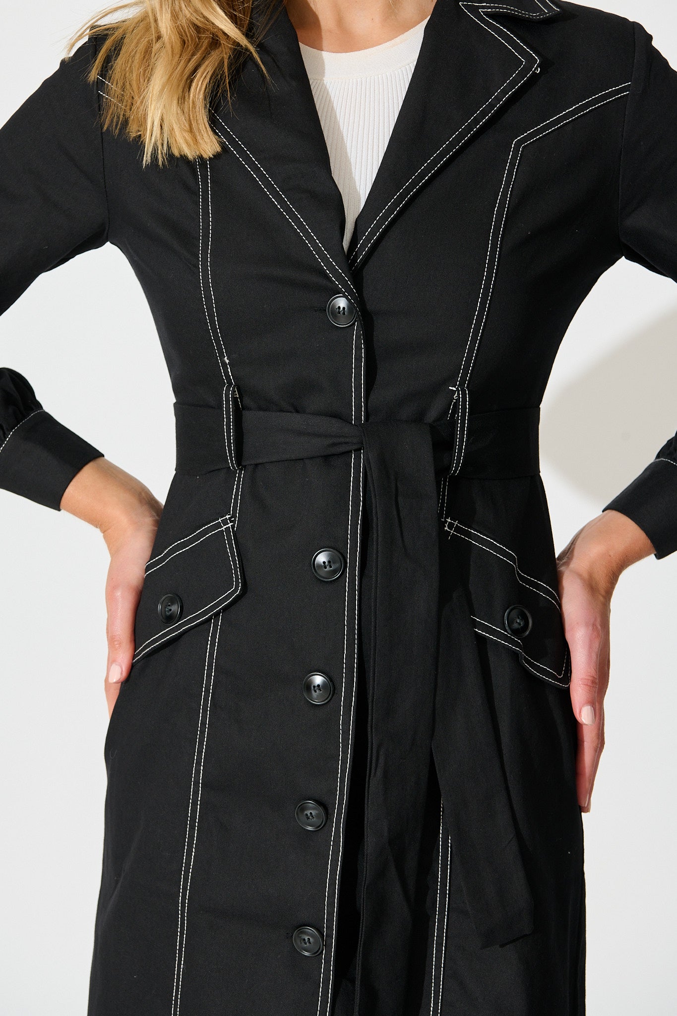 Jules Coat in Black with Contrast Stitch Cotton Blend