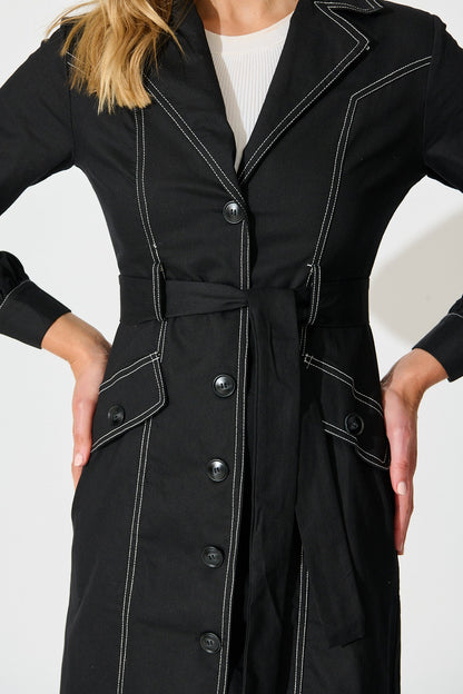 Jules Coat in Black with Contrast Stitch Cotton Blend