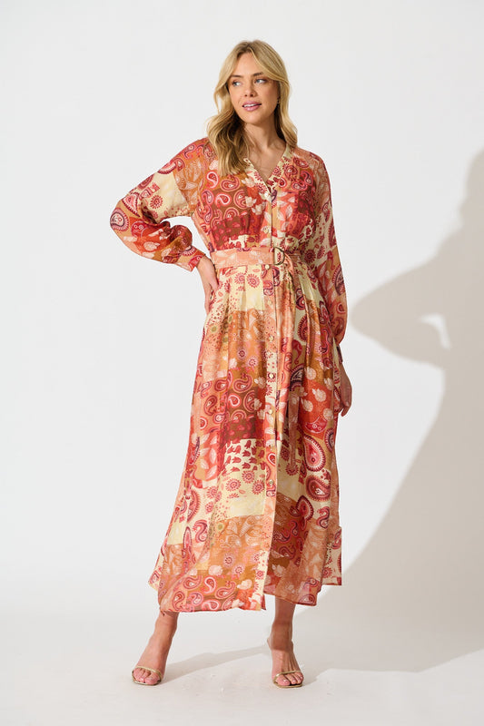 Natalie Midi Dress in Rust Patchwork