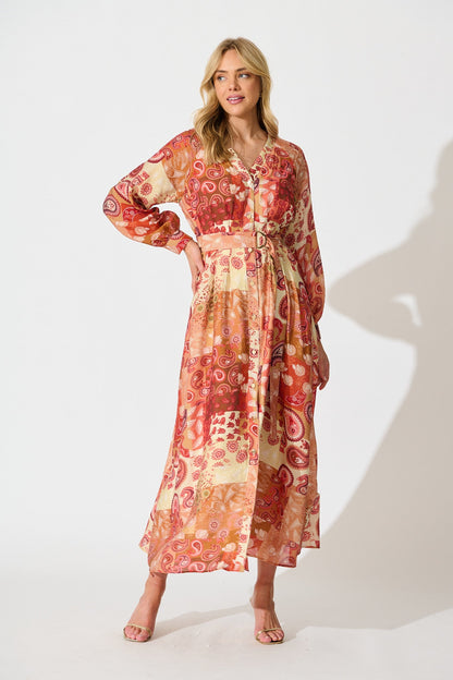 Natalie Midi Dress in Rust Patchwork