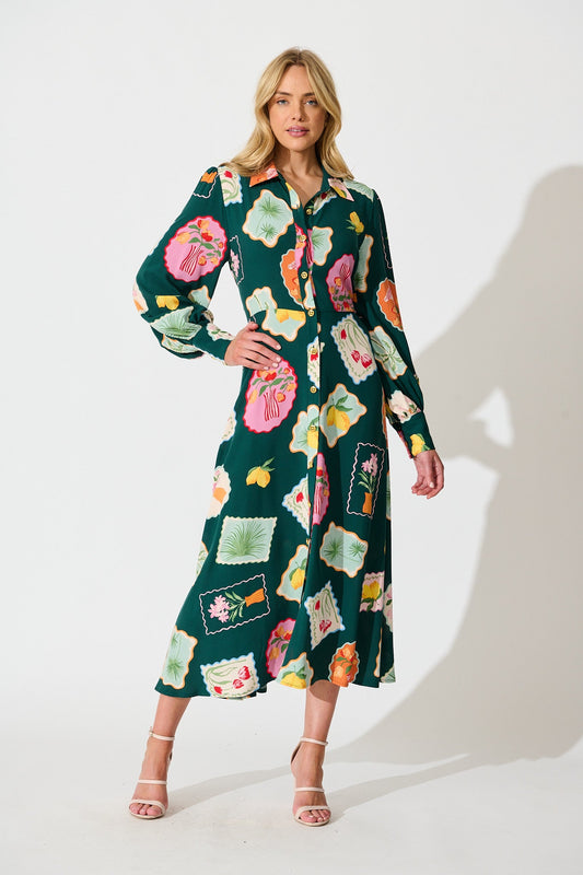 Ciao Bella Maxi Shirt Dress in Emerald Postcard Print