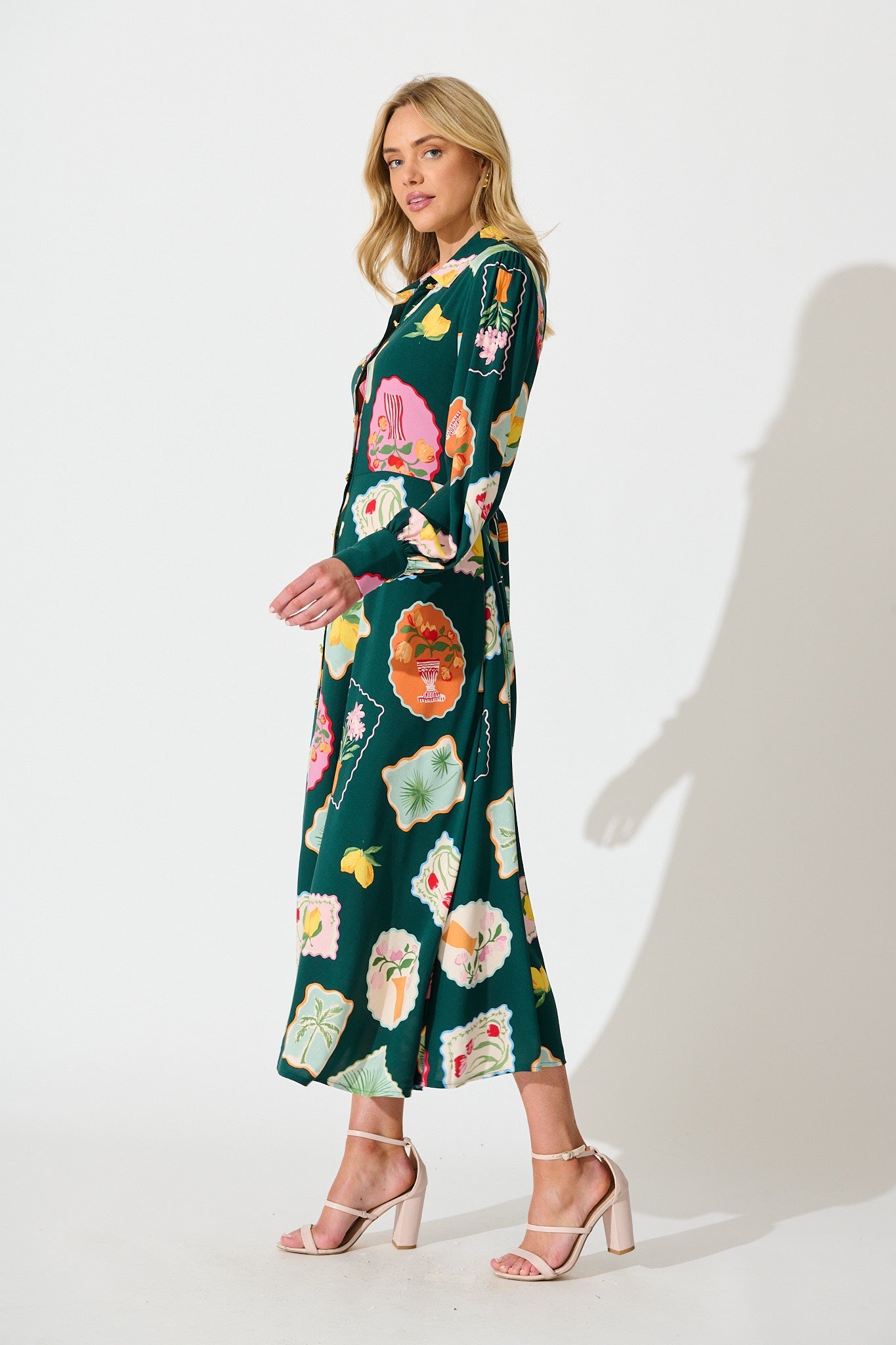 Ciao Bella Maxi Shirt Dress in Emerald Postcard Print