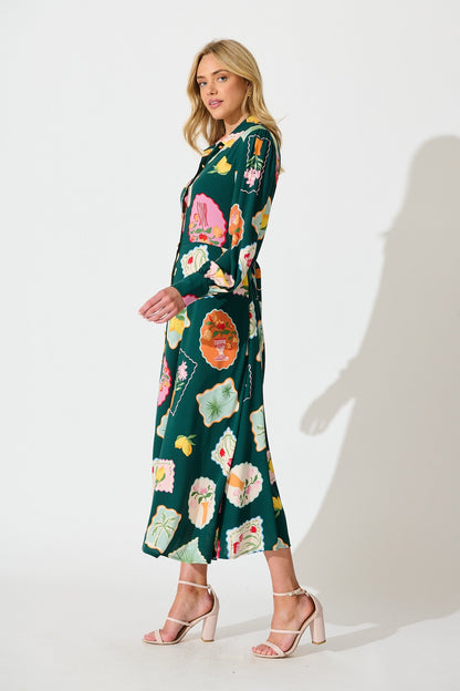 Ciao Bella Maxi Shirt Dress in Emerald Postcard Print