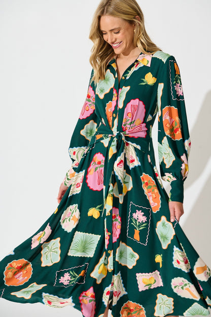 Ciao Bella Maxi Shirt Dress in Emerald Postcard Print