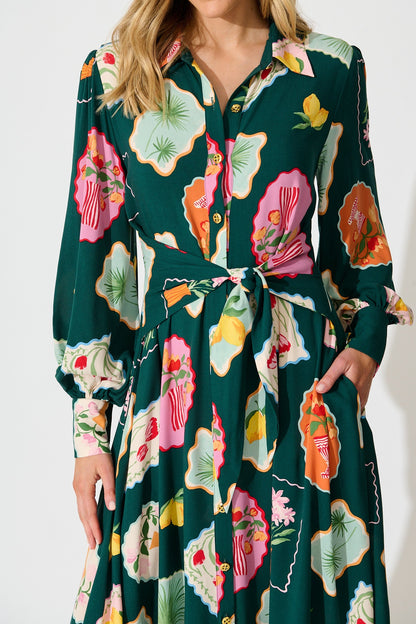 Ciao Bella Maxi Shirt Dress in Emerald Postcard Print