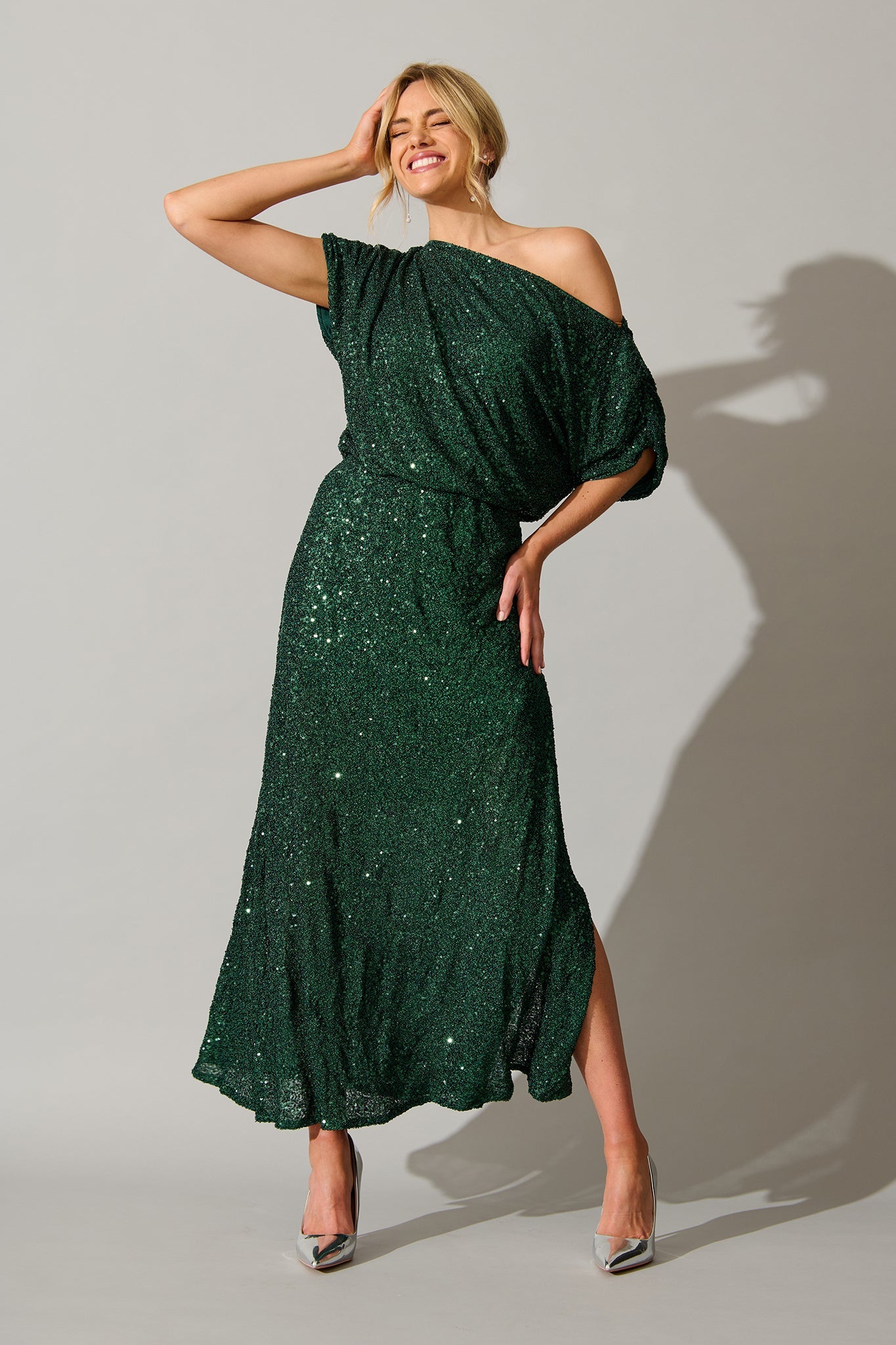 Amiri Off Shoulder Maxi Dress in Emerald Sequin