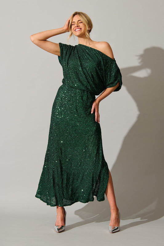 Amiri Off Shoulder Maxi Dress in Emerald Sequin
