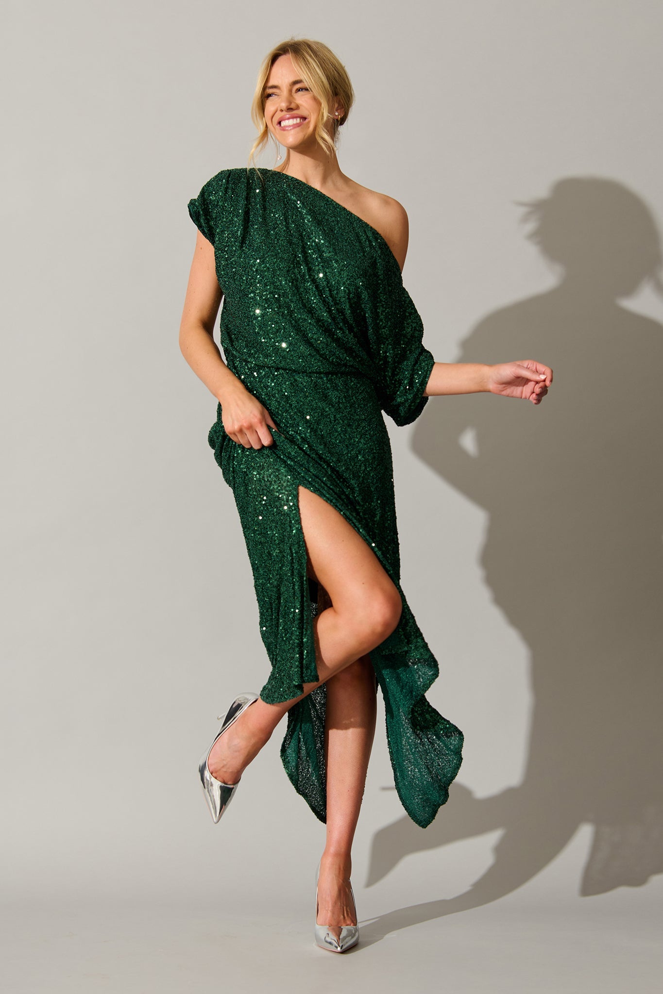 Amiri Off Shoulder Maxi Dress in Emerald Sequin