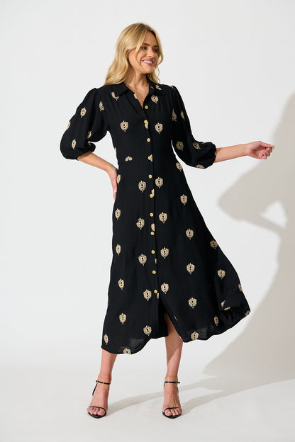 Peggy Maxi Shirt Dress in Black Embroidery