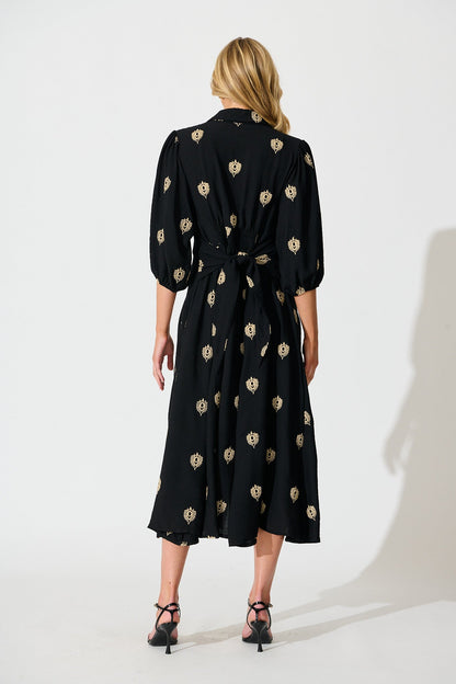 Peggy Maxi Shirt Dress in Black Embroidery