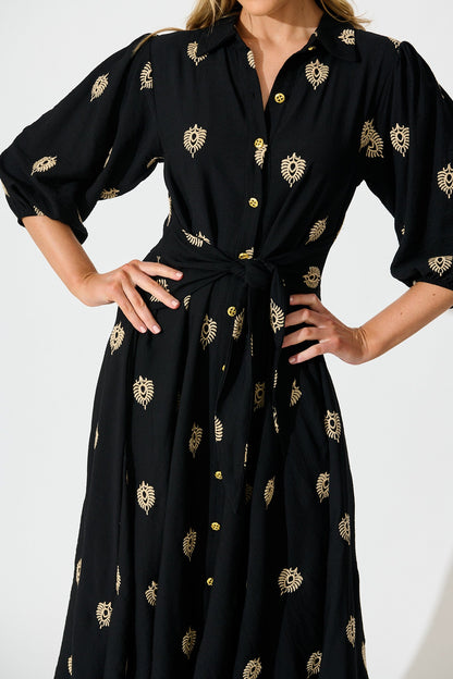 Peggy Maxi Shirt Dress in Black Embroidery