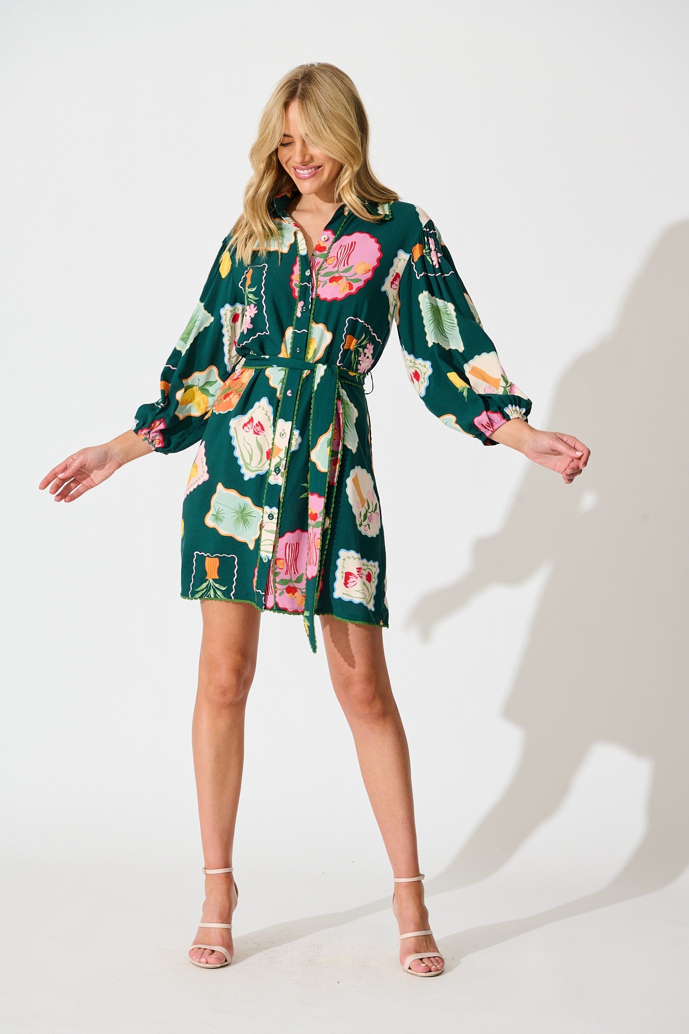 Oriella Shirt Dress in Emerald Postcard Print