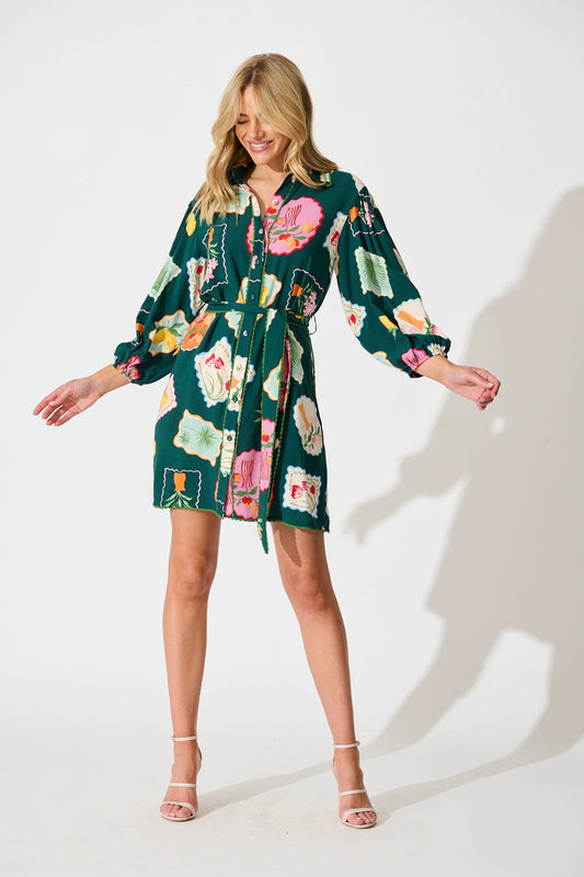 Oriella Shirt Dress in Emerald Postcard Print