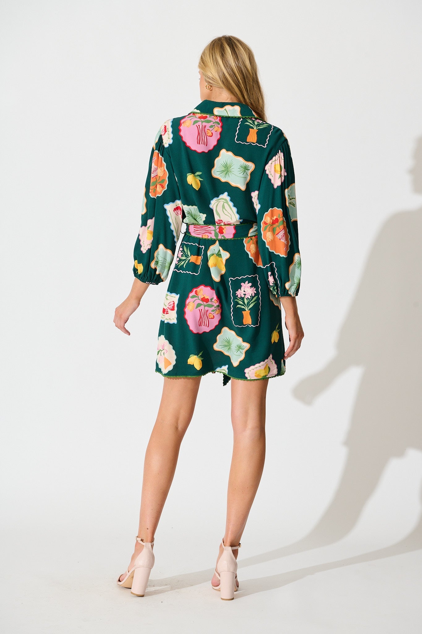 Oriella Shirt Dress in Emerald Postcard Print