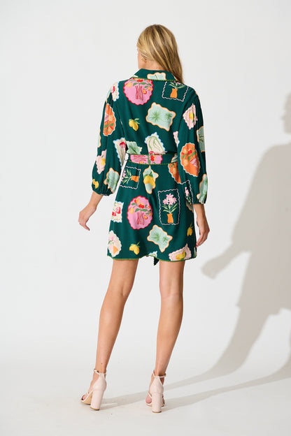 Oriella Shirt Dress in Emerald Postcard Print