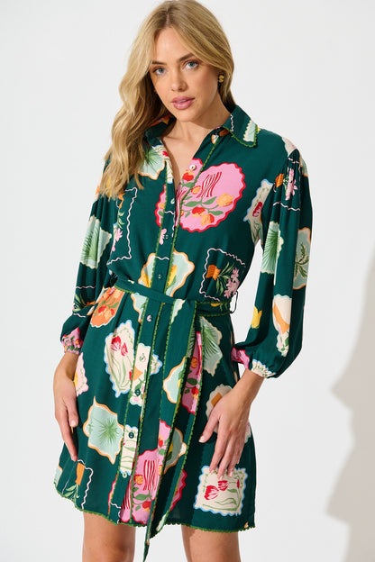 Oriella Shirt Dress in Emerald Postcard Print