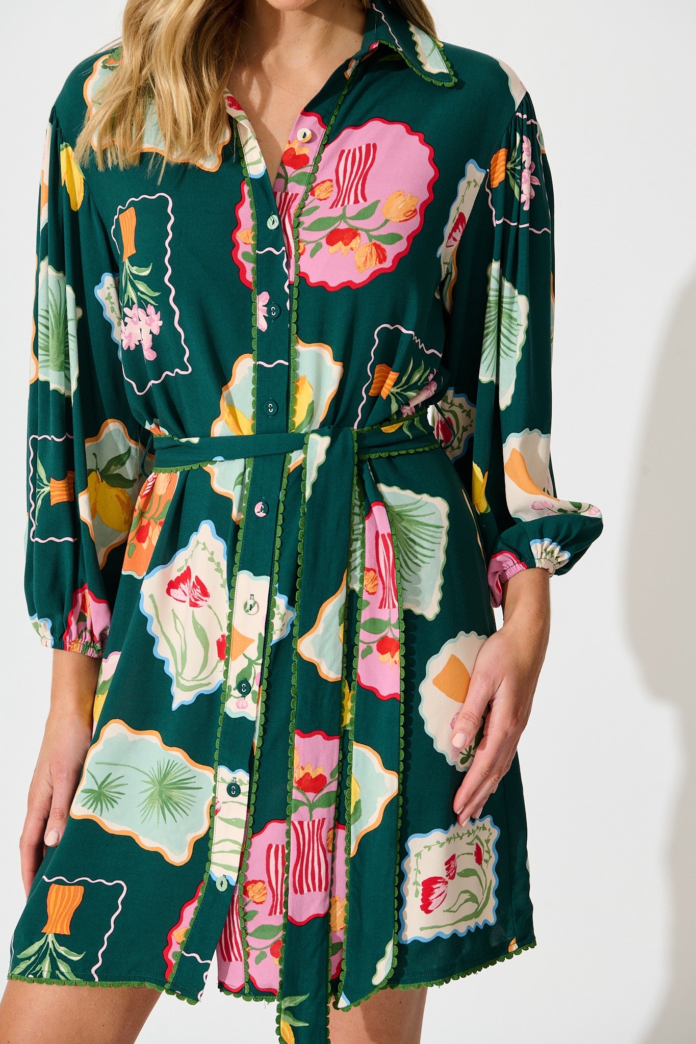 Oriella Shirt Dress in Emerald Postcard Print