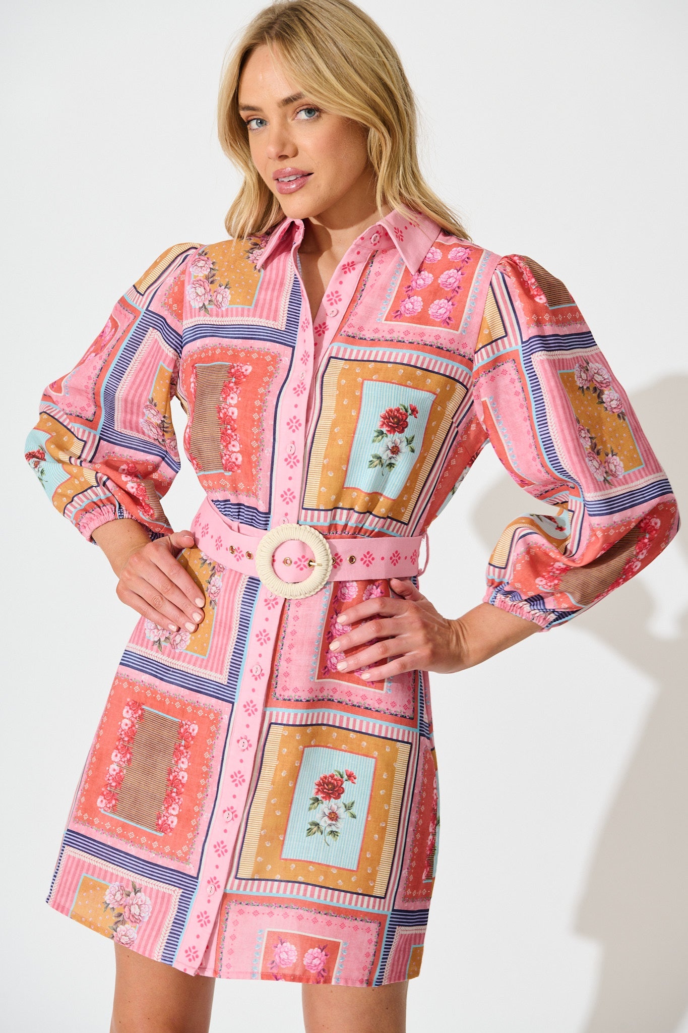 Meadow Muse Shirt Dress in Pink Multi Floral Tile Print
