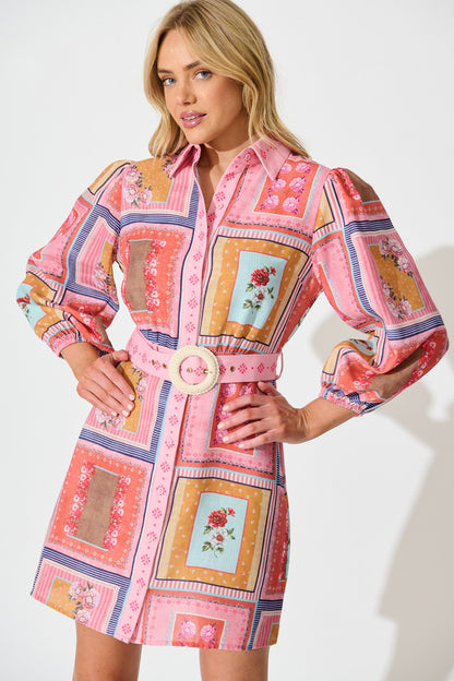 Meadow Muse Shirt Dress in Pink Multi Floral Tile Print
