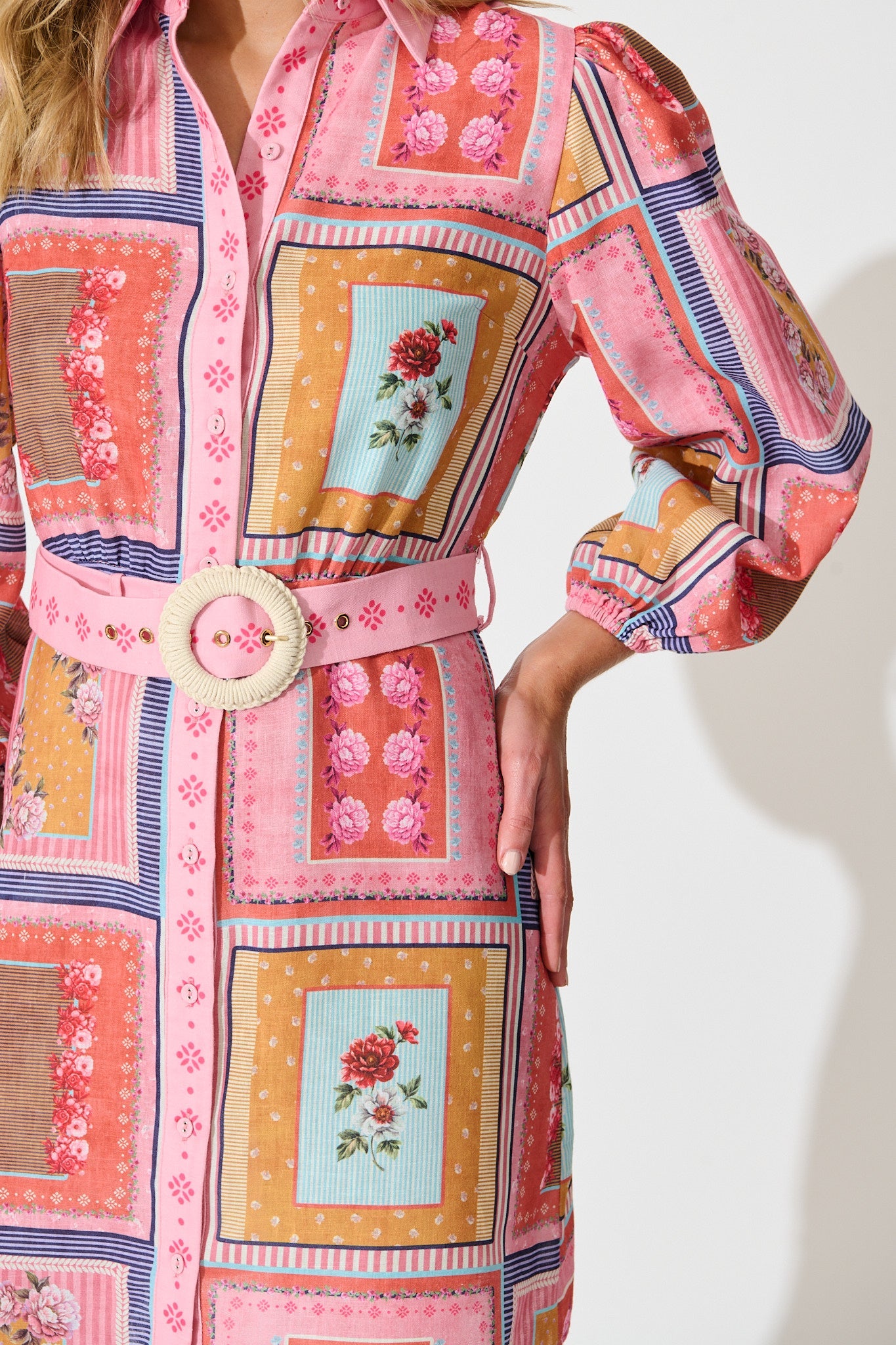 Meadow Muse Shirt Dress in Pink Multi Floral Tile Print