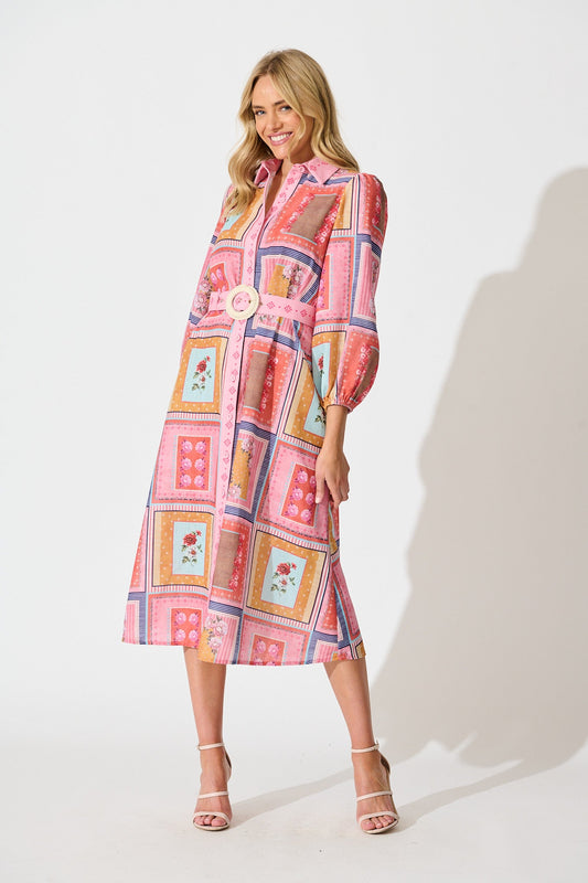 Floral Mirage Midi Shirt Dress in Pink Multi Floral Tile Print