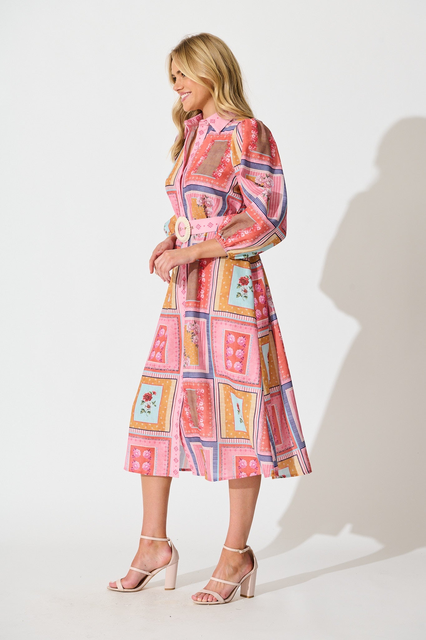 Floral Mirage Midi Shirt Dress in Pink Multi Floral Tile Print