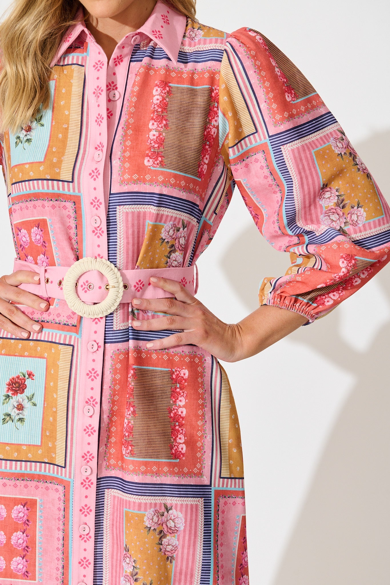 Floral Mirage Midi Shirt Dress in Pink Multi Floral Tile Print