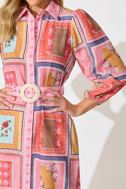 Floral Mirage Midi Shirt Dress in Pink Multi Floral Tile Print